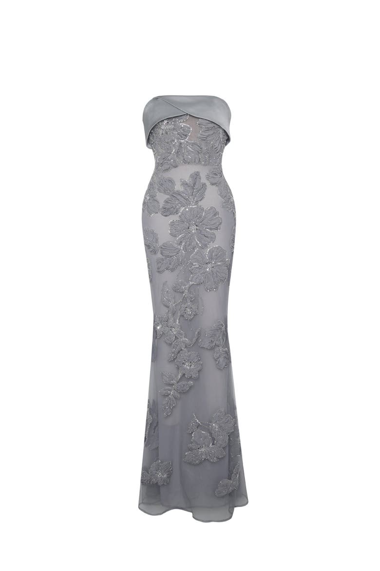 Raphaela Beaded Floral Strapless Mermaid Maxi Dress, Alternate, color, Silver