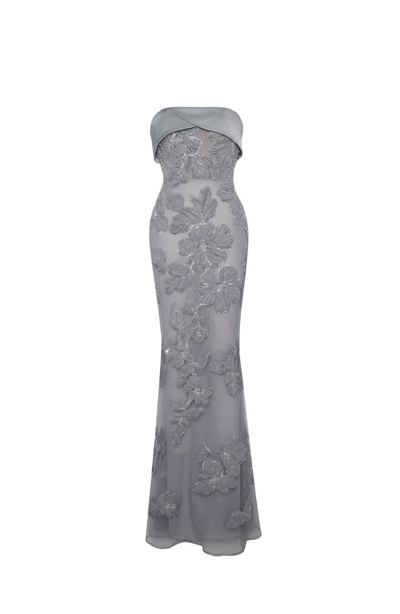 Miss Circle Raphaela Beaded Floral Strapless Mermaid Maxi Dress, Alternate, color, Silver