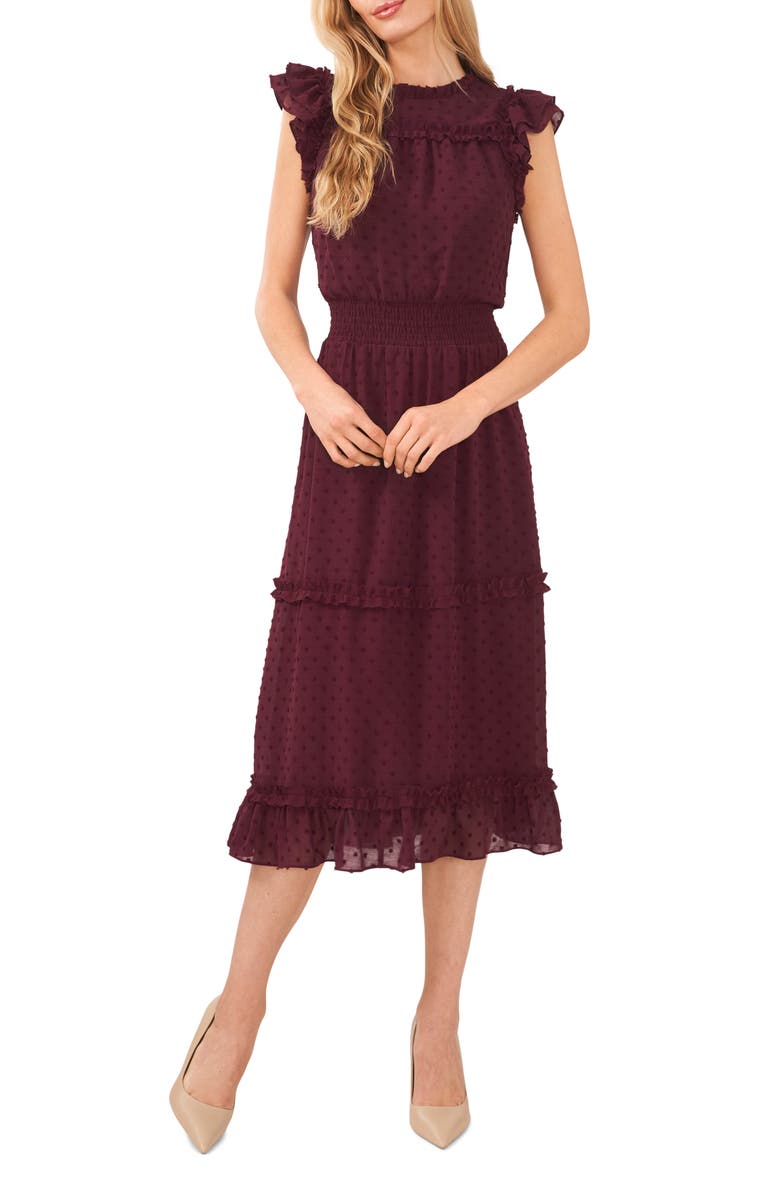 CeCe Clip Dot Flutter Sleeve Midi Dress, Main, color, Rich Cabernet