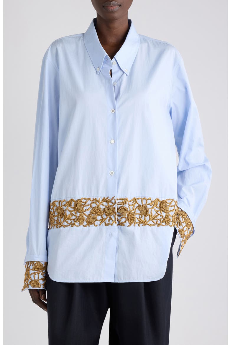Cheers Bis Embroidered Cotton Button-Down Shirt, Main, color, LIGHT BLUE