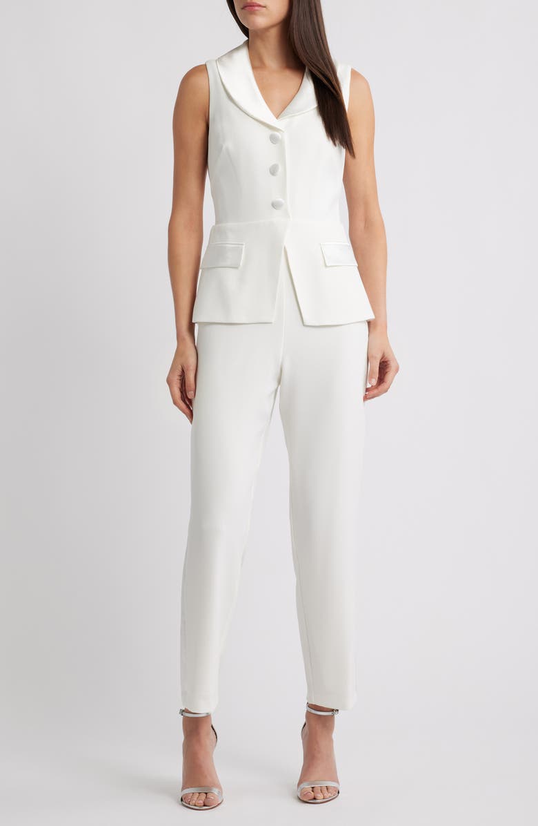 Eliza J Sleeveless Peplum Waistcoat Jumpsuit, Main, color, Ivory