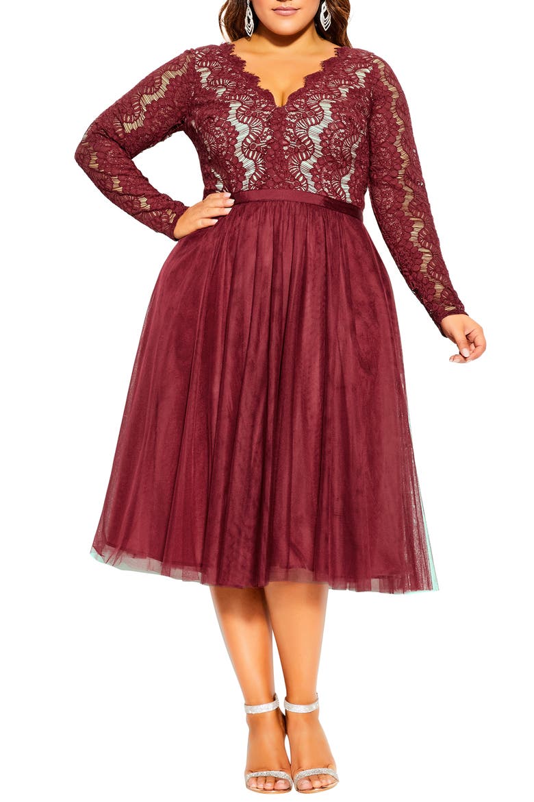 Rare Beauty Lace Fit & Flare Dress, Main, color, MERLOT