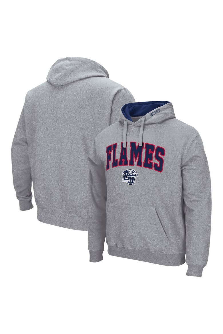Men's Colosseum Heathered Gray Liberty Flames Arch and Logo Pullover Hoodie, Main, color, Heather Gray