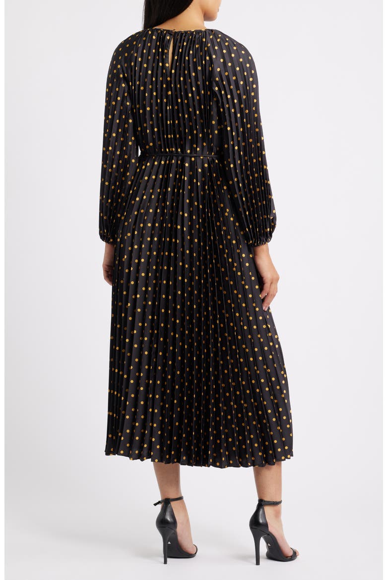 Pleated Metallic Polka Dot Long Sleeve Dress, Alternate, color, BLACK GOLD