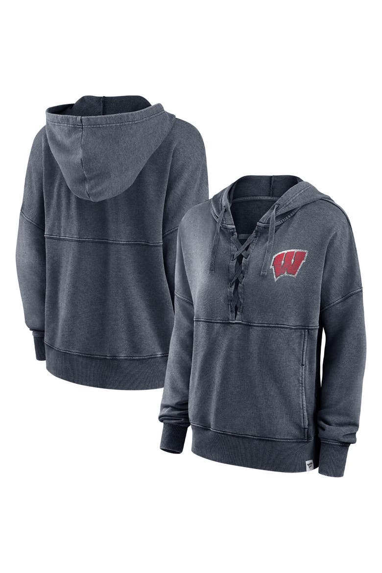 Women's Fanatics Branded Heathered Charcoal Wisconsin Badgers Overall Speed Lace-Up Pullover Hoodie, Main, color, Heather Charcoal