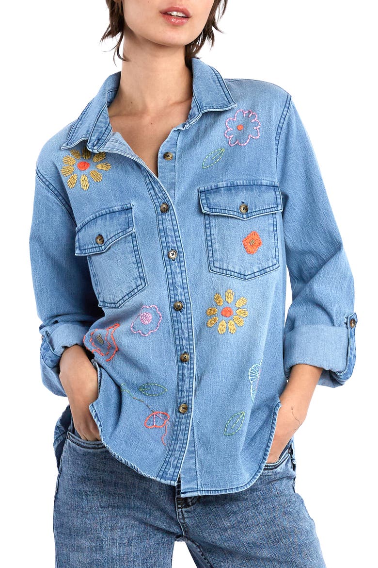 Happy Meadow Embroidered Denim Graphic Button-Up Shirt, Main, color, DENIM
