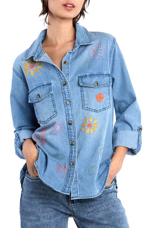 Happy Meadow Embroidered Denim Graphic Button-Up Shirt