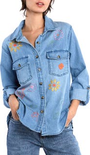 Billy T Happy Meadow Embroidered Denim Graphic Button-Up Shirt