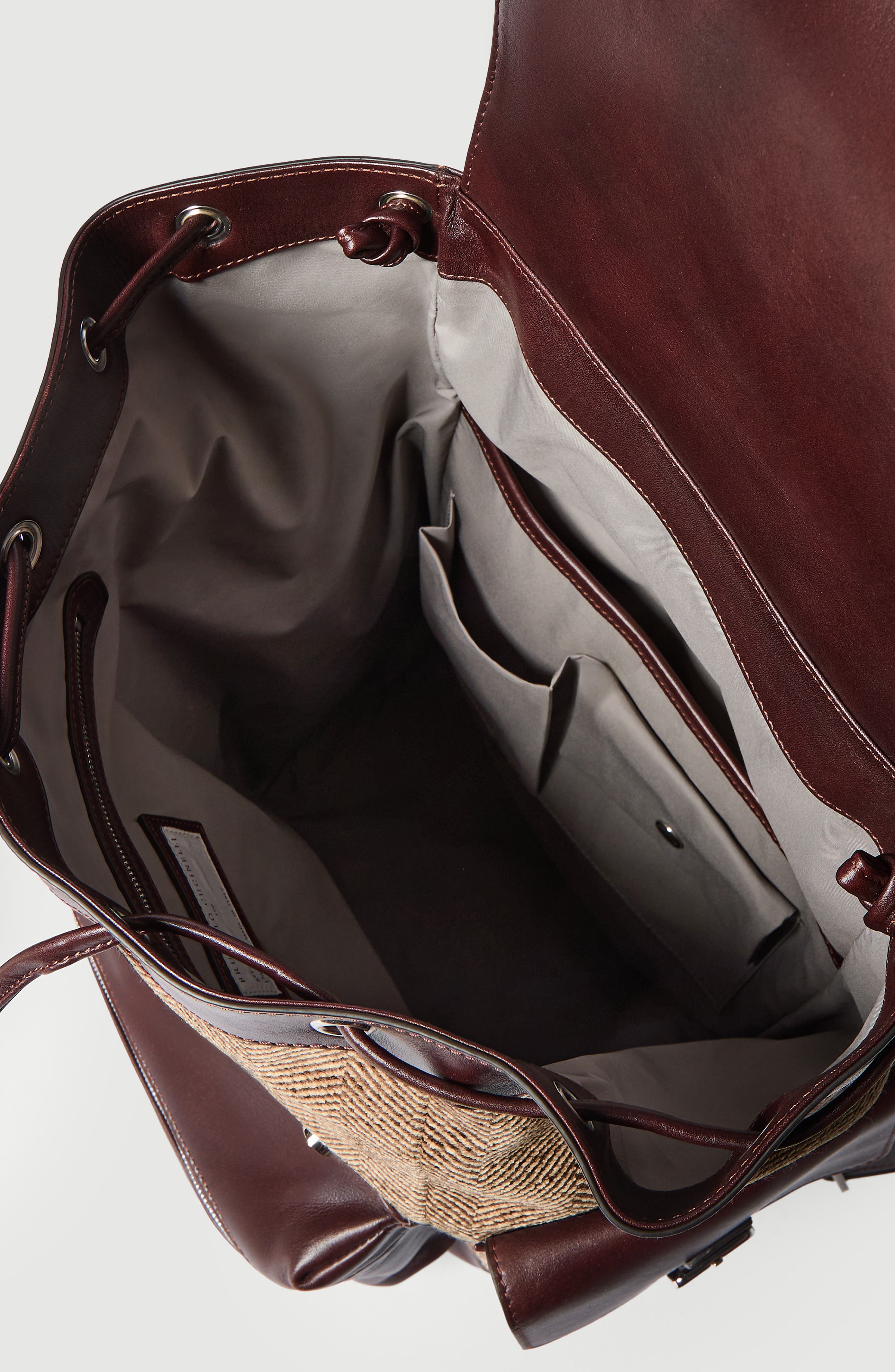 Burnished calfskin and chevron-effect techno fabric city backpack, Alternate, color, Brown