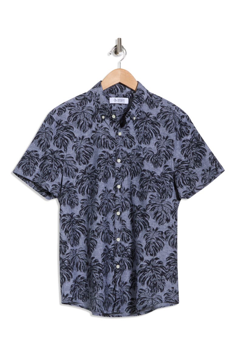 Print Short Sleeve Button-Up Shirt, Alternate, color, DARK SAPPHIRE