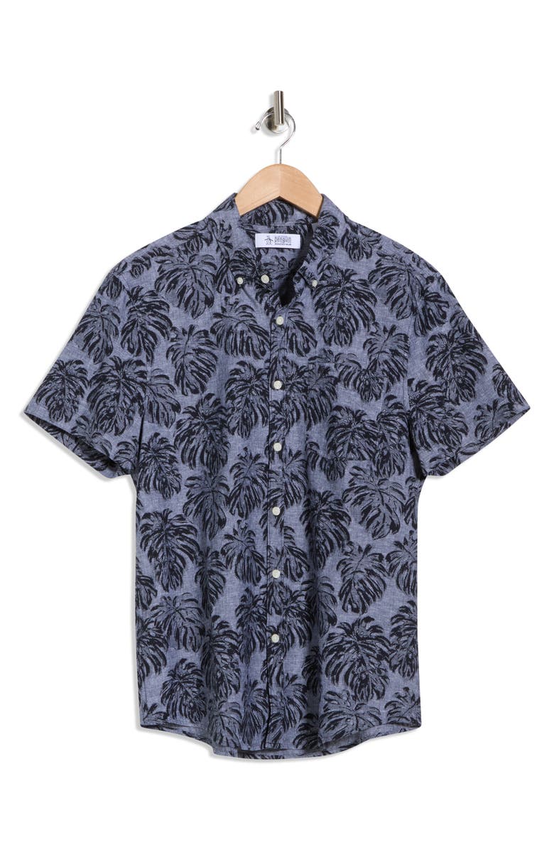 Original Penguin Print Short Sleeve Button-Up Shirt, Alternate, color, Dark Sapphire