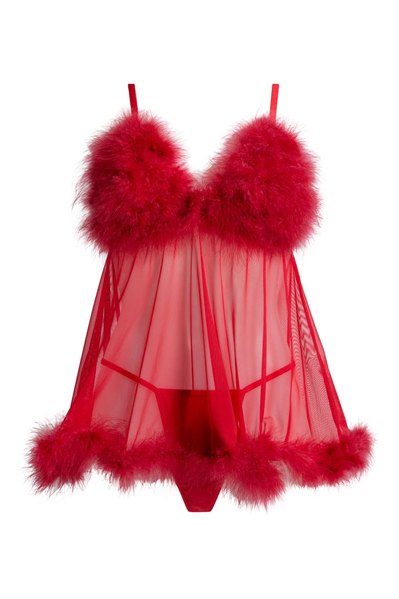 Feathery Babydoll Chemise & G-String Set, Alternate, color, RED