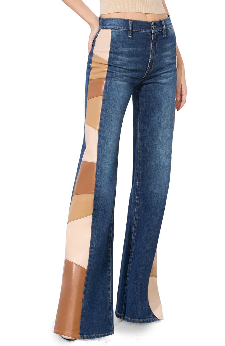 Alice + Olivia Faux Leather Patchwork High Waist Wide Leg Jeans, Alternate, color,