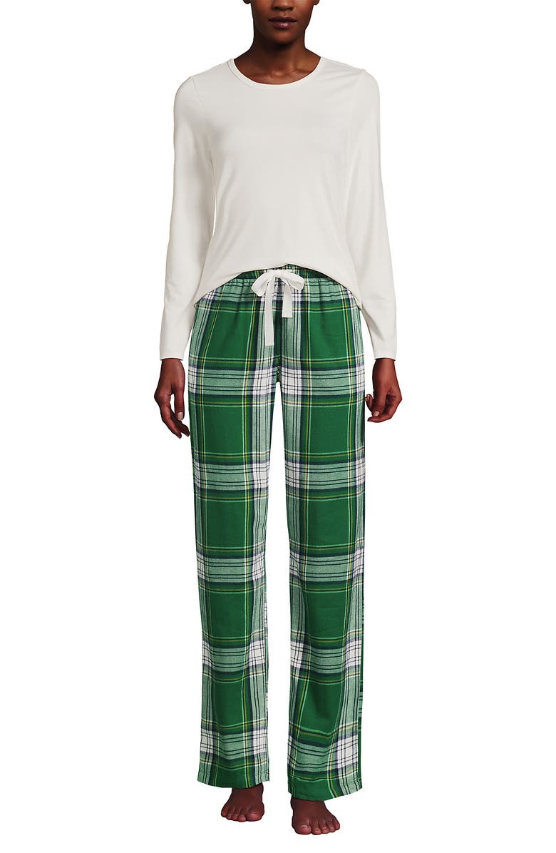 Lands' End Pajama Set Knit Long Sleeve T-Shirt and Flannel Pants, Main, color, Light Emerald Plaid