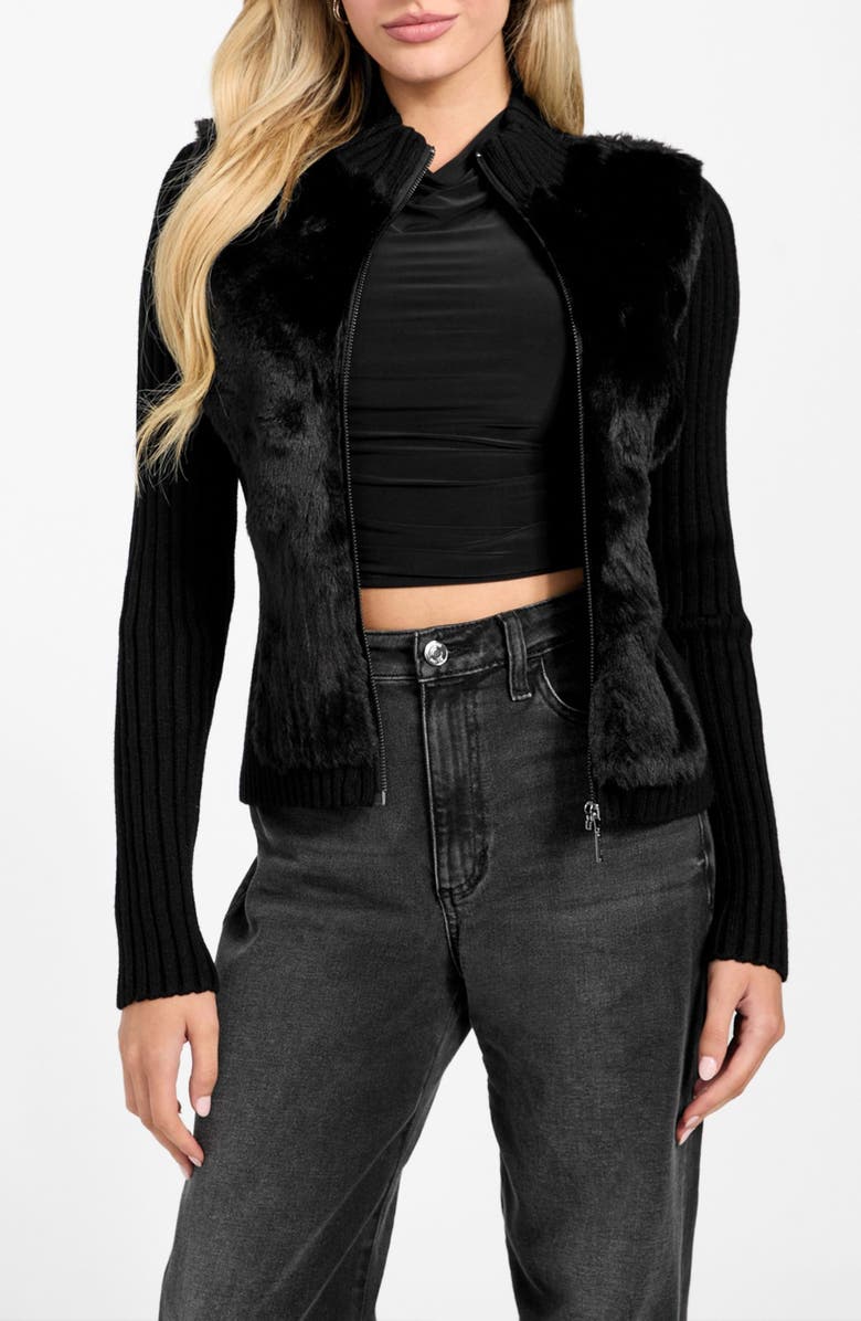 GUESS Mila Mixed Media Faux Fur Cardigan, Alternate, color, Jblack-Black