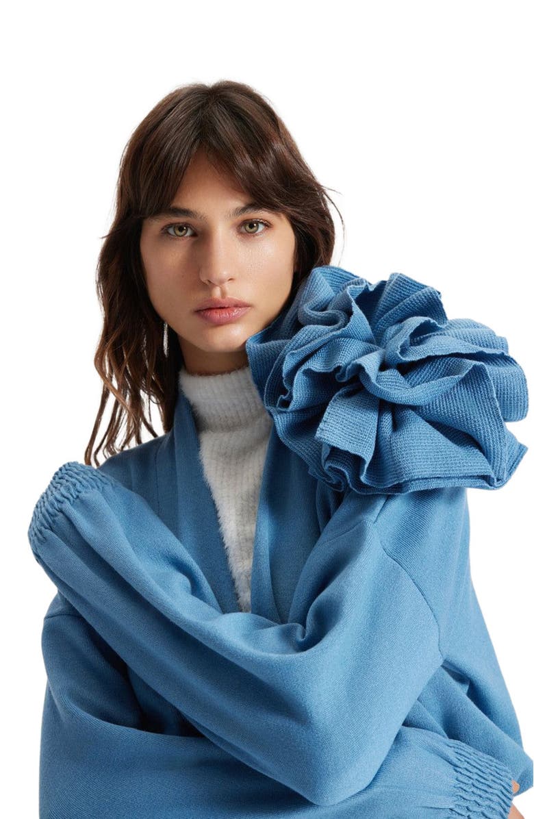 THEO The Label Nomia Ribbed Waist Rosette Cardigan, Alternate, color, Retro Blue