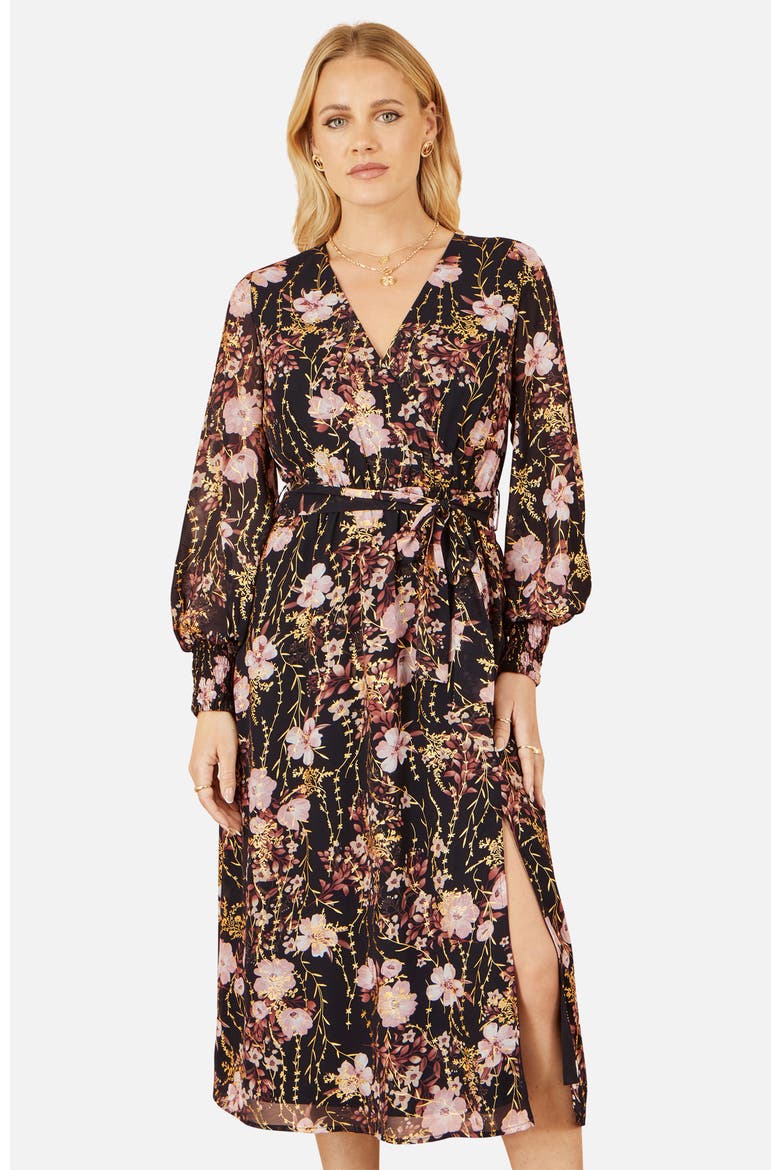 Foiled Floral Print Wrap Midi Dress, Alternate, color, Black