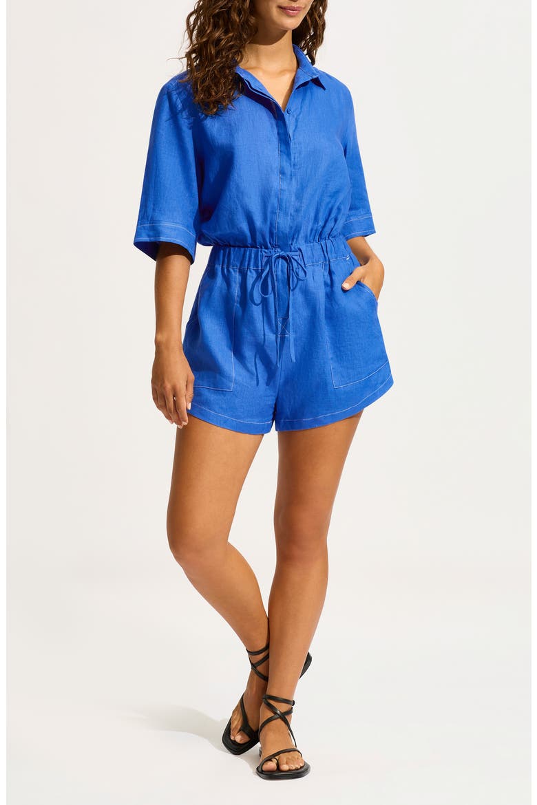 Drawstring Waist Cover-Up Romper, Main, color, AZURE