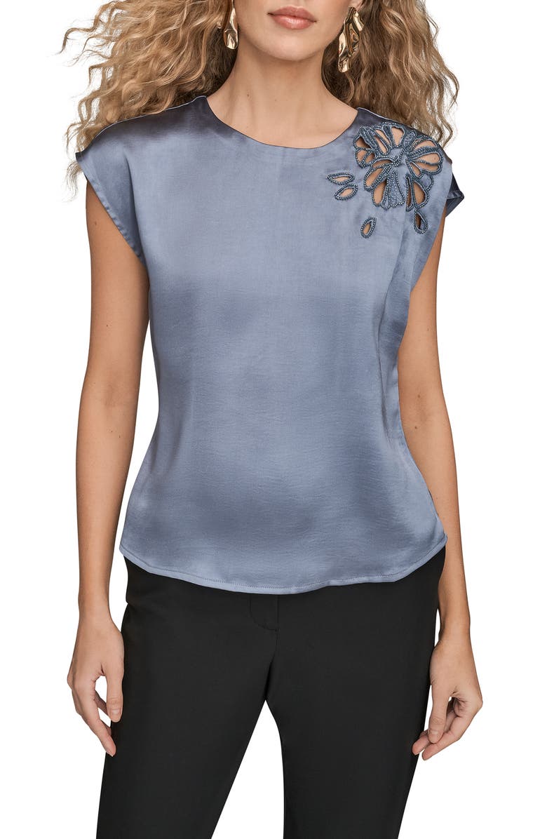 Donna Karan New York Beaded Cap Sleeve Satin Top, Main, color, Tempest