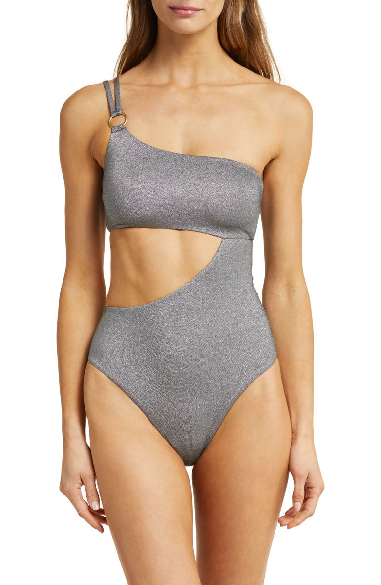 Vitamin A<sup>®</sup> Cosmo Cutout Metallic One-Shoulder One-Piece Swimsuit, Main, color, 