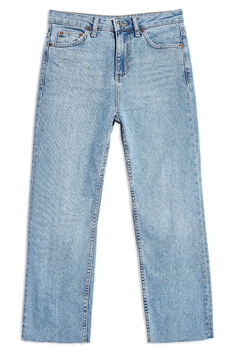 High Waist Raw Hem Straight Leg Jeans, Alternate, color, BLEACH STONE DENIM