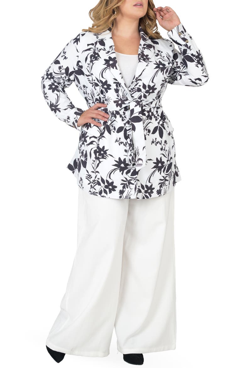 Belted Blazer, Alternate, color, BLACK WHITE FLORAL