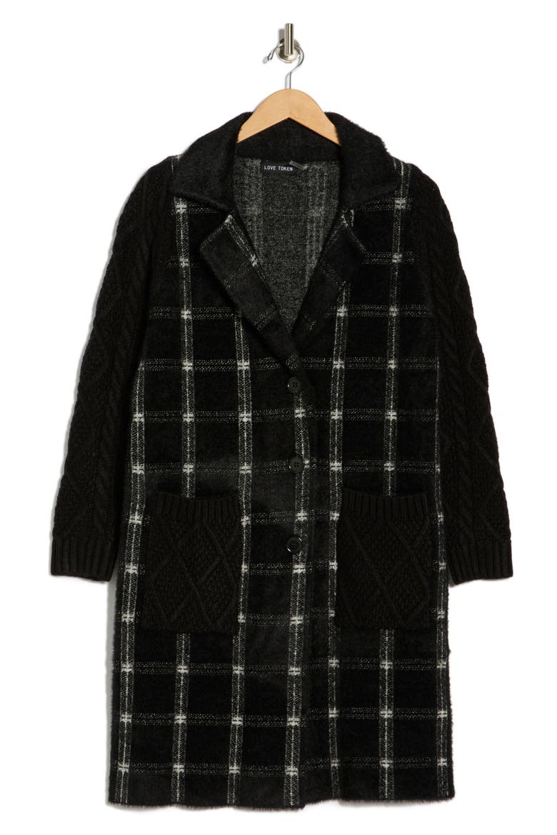 Plaid Longline Cardigan, Alternate, color, BLACK
