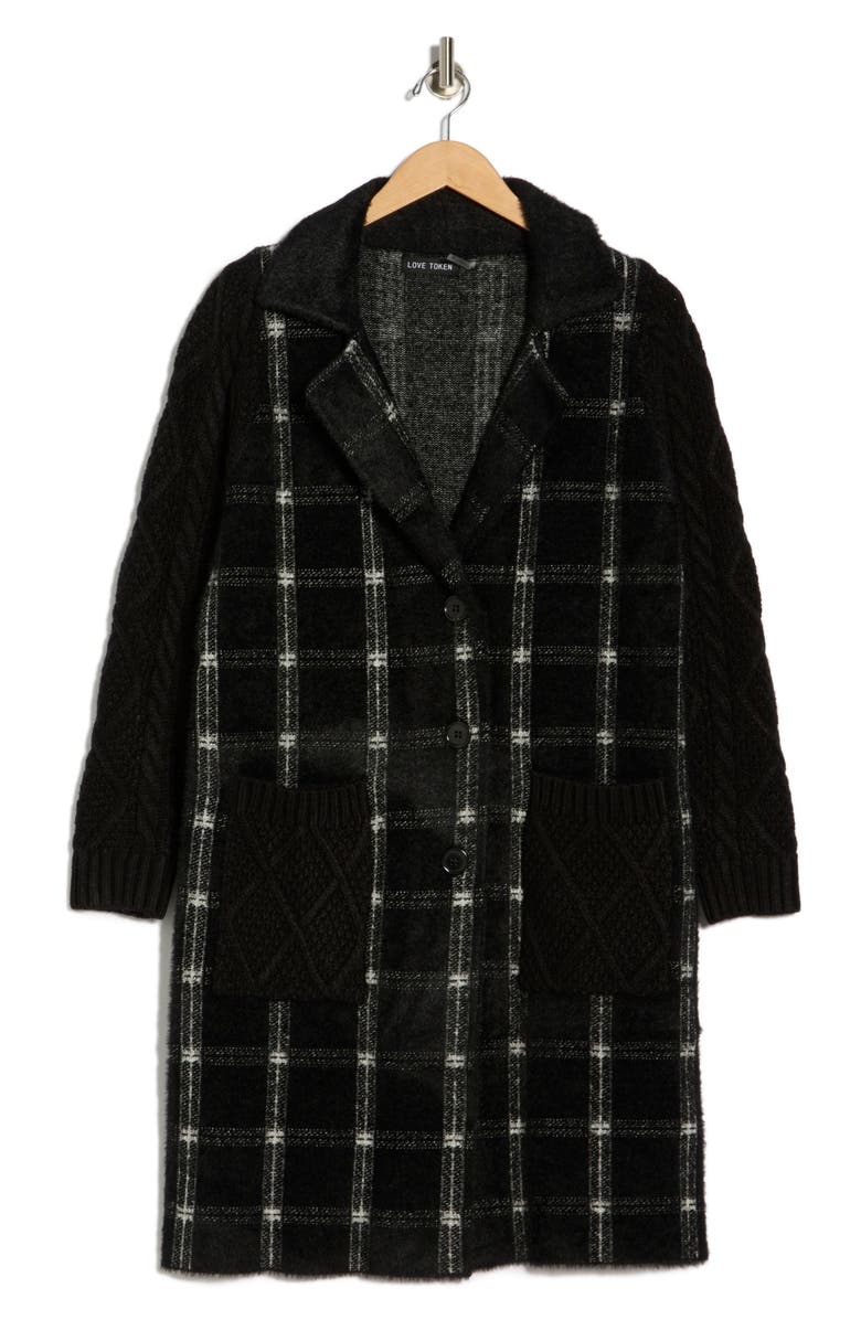 Love Token Plaid Longline Cardigan, Alternate, color, Black