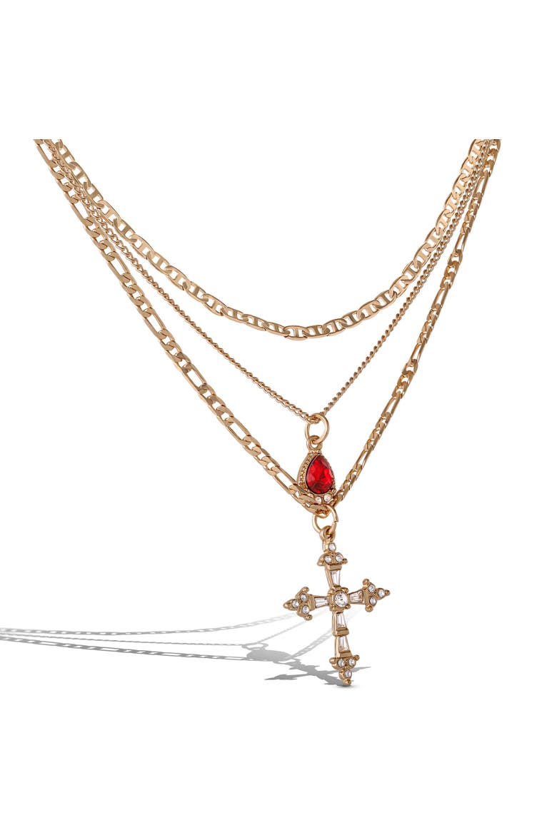 Layered Cross & Gem Necklace, Alternate, color, Gold