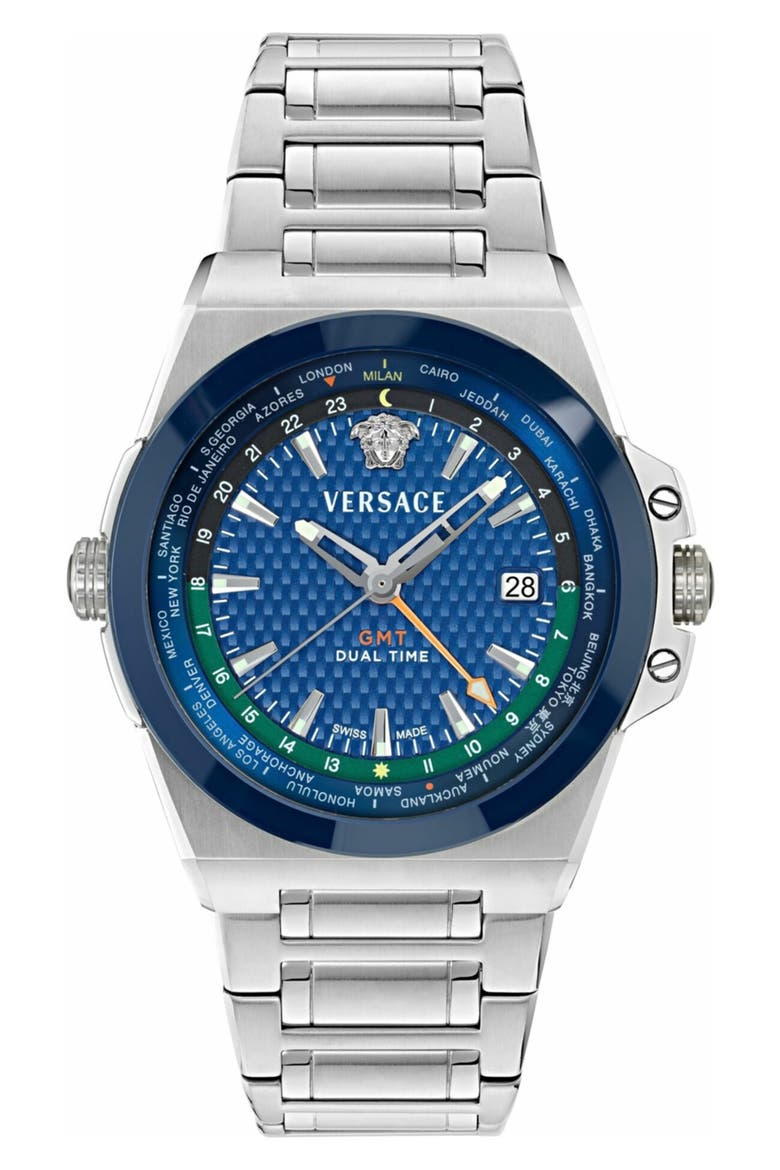 Greca Reaction GMT Bracelet Watch, 44mm, Main, color, STEEL/BLUE