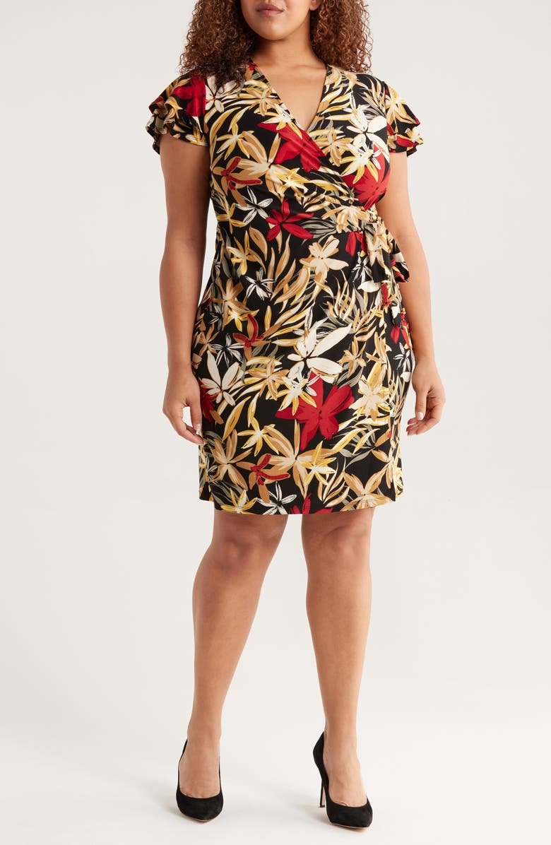 Anne Klein Floral Print Flutter Sleeve Faux Wrap Dress, Main, color, 