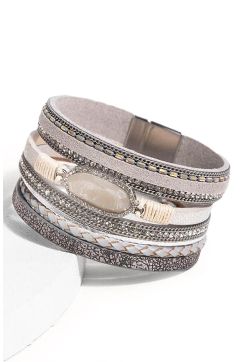 Stone Multi Layer Faux Leather Bracelet, Alternate, color, GREY