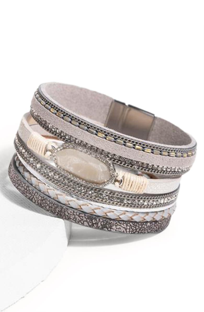 SAACHI Stone Multi Layer Faux Leather Bracelet, Alternate, color, Grey