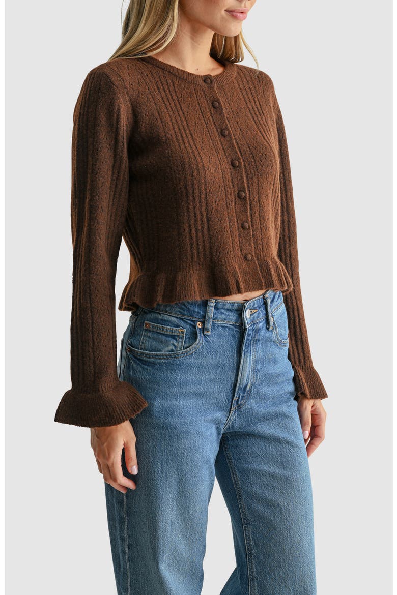 Pointelle Peplum Cardigan, Alternate, color, DARK BROWN