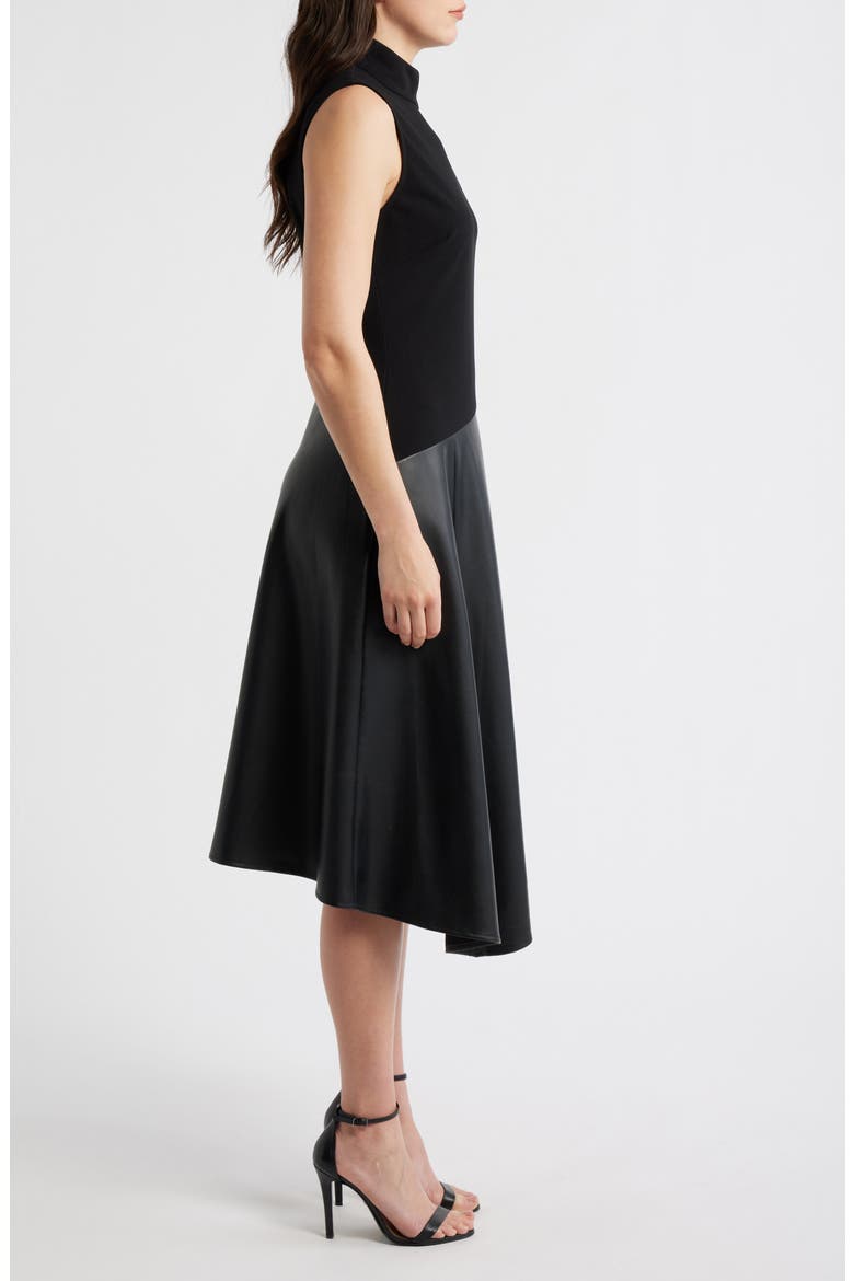 Mixed Media Asymmetric Mock Neck Midi Dress, Alternate, color, BLACK/ BLACK
