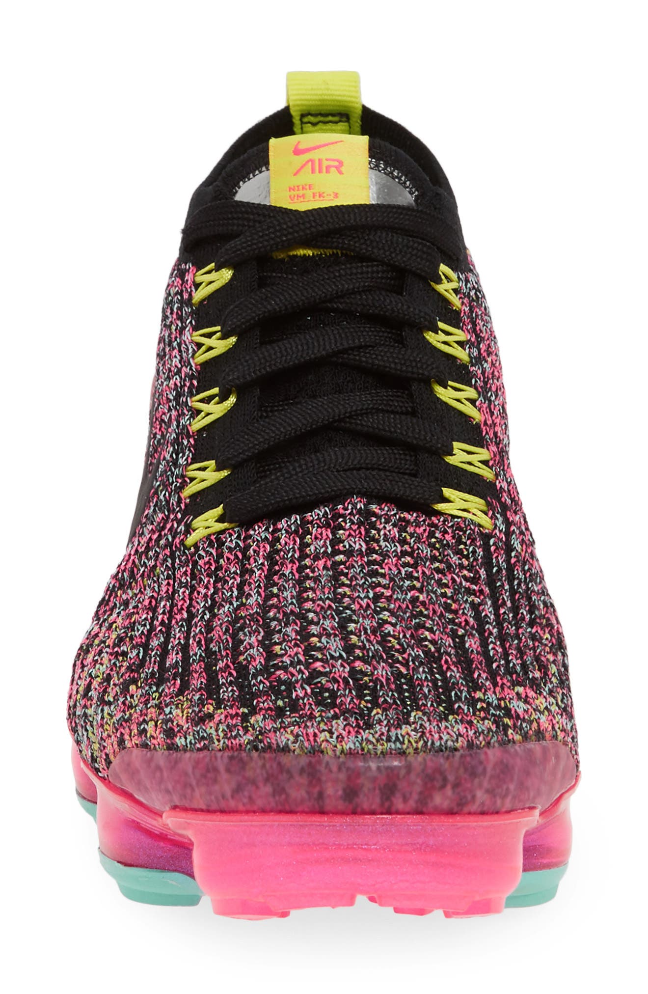 Air VaporMax Flyknit 3 Sneaker, Alternate, color, BLACK/ BLACK/ PINK/ TURQUOISE