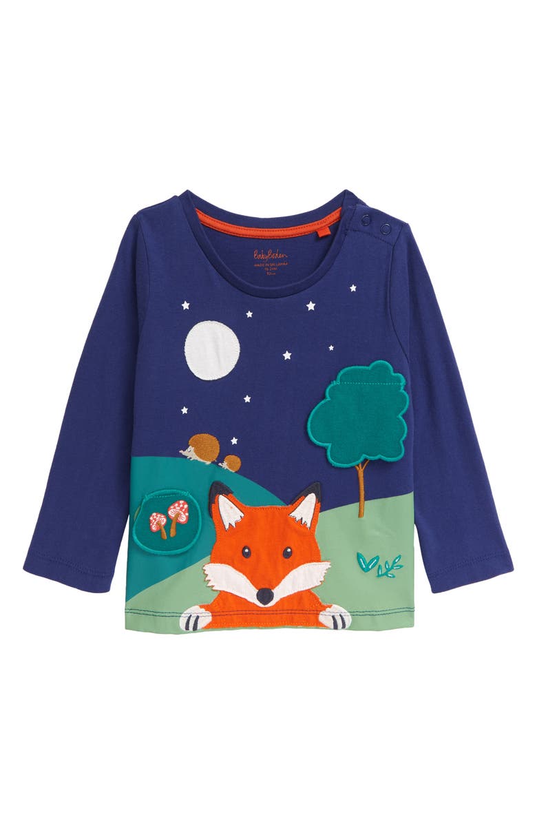 Mini Boden Lift the Flap Woodland Appliqué T-Shirt, Main, color, 