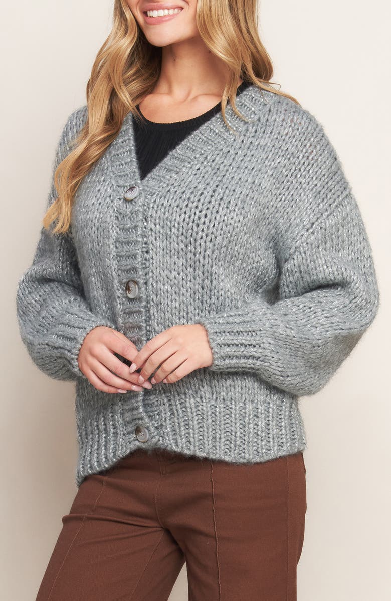 FLYING TOMATO Shimmer V-Neck Cardigan, Alternate, color, Grey/Silver