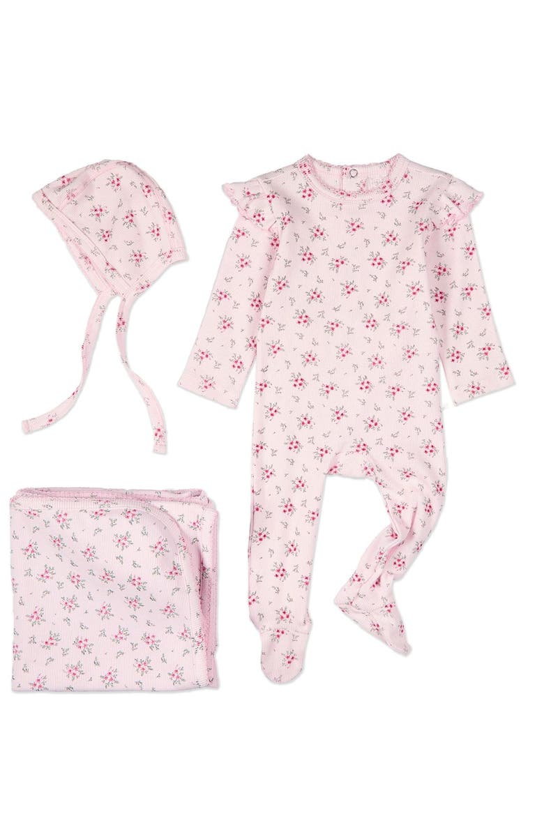 3 Piece Mini-Ribbed Cotton Rich Ruffled-Sleeve Floral Footie Set, Main, color, Pink