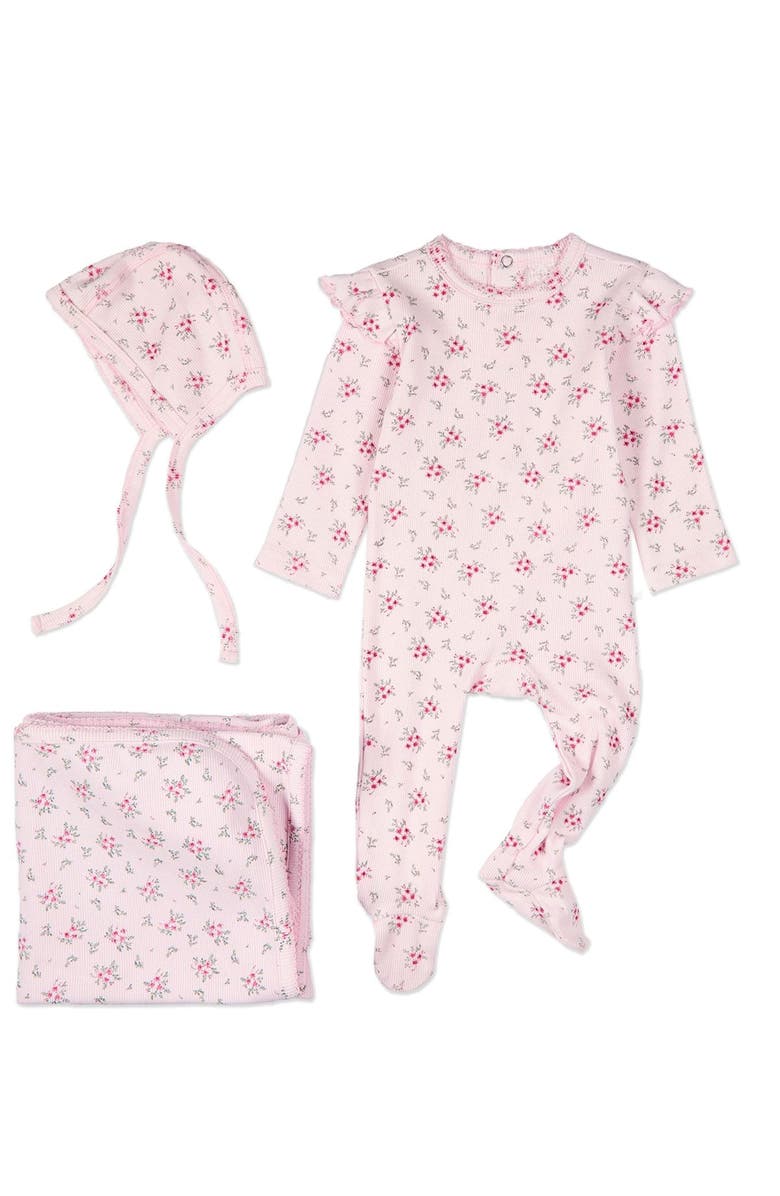 MiniMoi 3 Piece Mini-Ribbed Cotton Rich Ruffled-Sleeve Floral Footie Set, Main, color, Pink