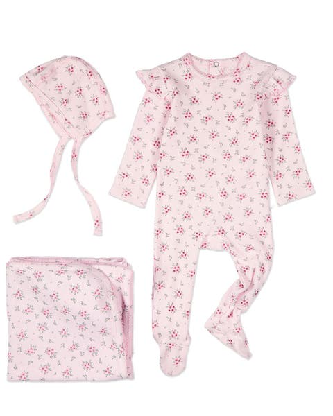 3 Piece Mini-Ribbed Cotton Rich Ruffled-Sleeve Floral Footie Set