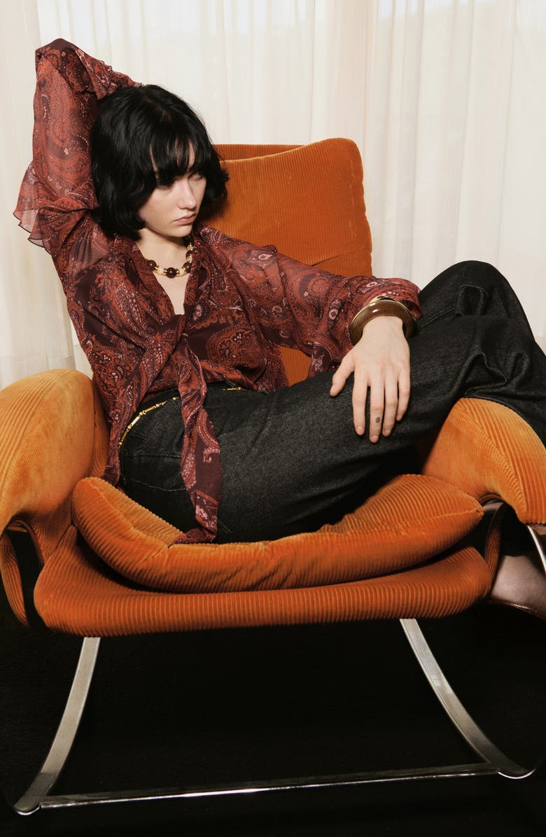 MANGO Jewell Ruffle Sleeve Tie Neck Top, Alternate, color, Russet