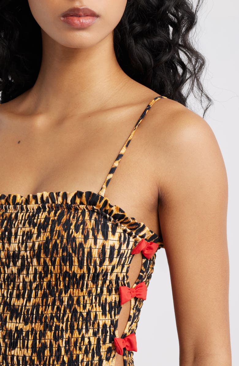 Damson Madder Betty Smocked Bow One-Piece Swimsuit, Alternate, color, Brown