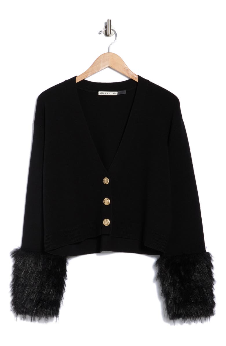 Alice + Olivia Bradley Faux Fur Cuff Wool Blend Crop Cardigan, Alternate, color, 