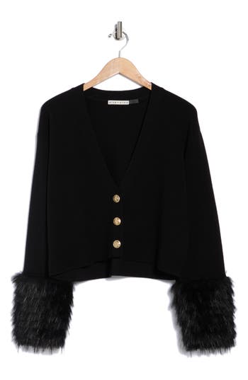 Alice And Olivia Alice + Olivia Bradley Faux Fur Cuff Wool Blend Crop Cardigan In Black