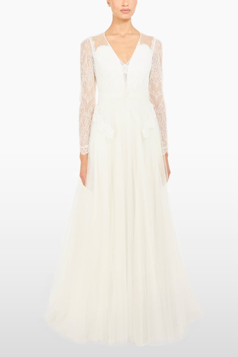 Silk Crush Lace Long-sleeve Bridal Dress, Alternate, color, Ivory