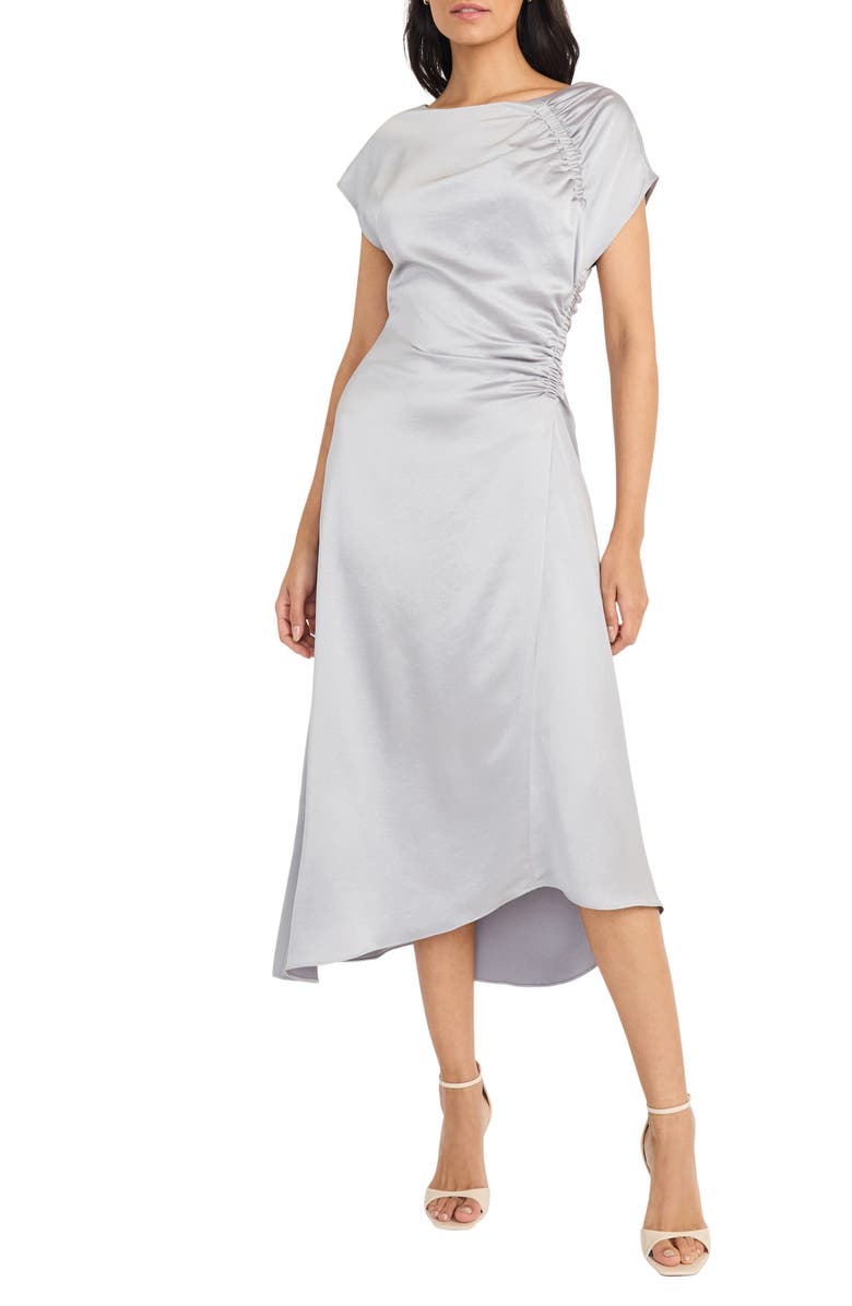 Maggy London Cap Sleeve Ruched Satin Cocktail Dress, Main, color, Silver