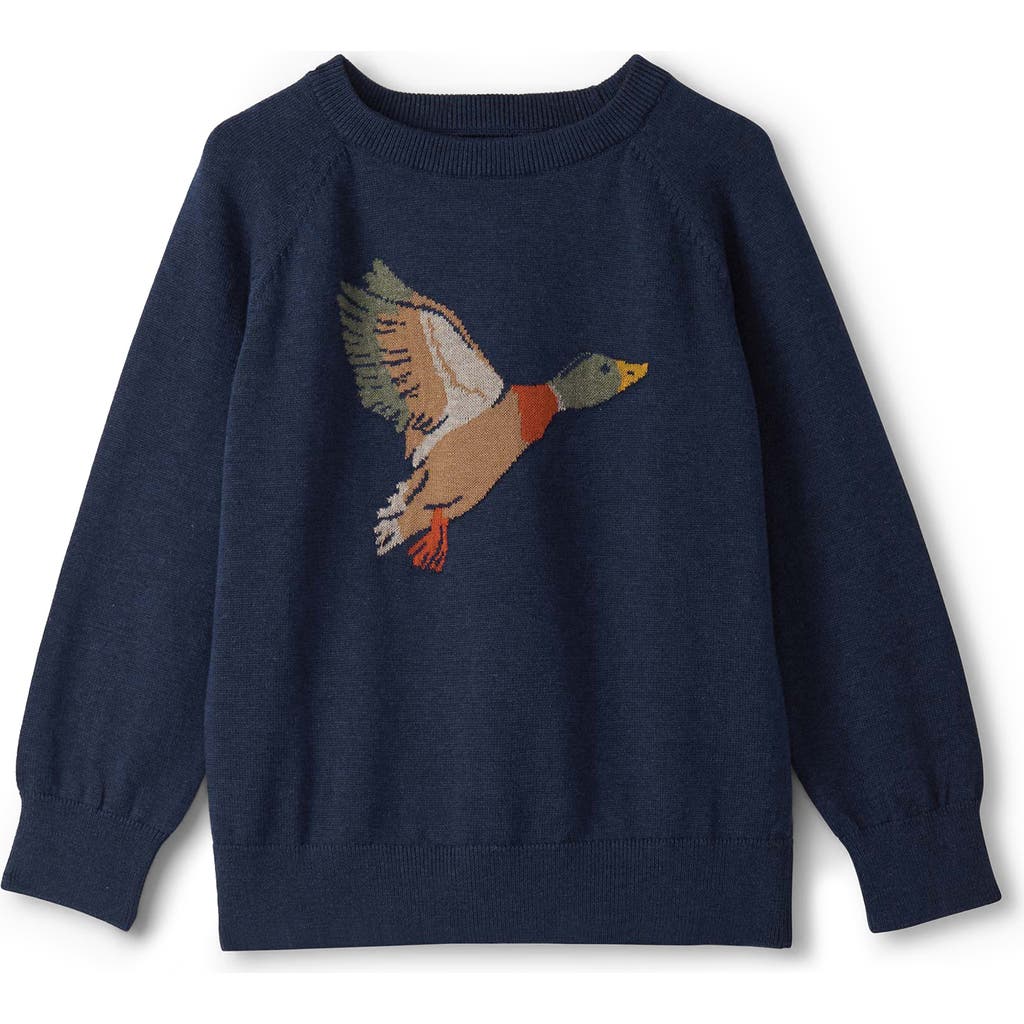 Hatley Kids' Intarsia Duck Cotton Crewneck Sweater In Blue