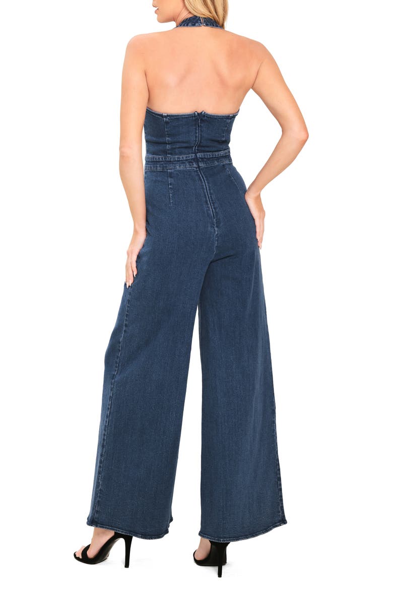 Halter Neck Wide Leg Denim Jumpsuit, Alternate, color, MEDIUM INDIGO