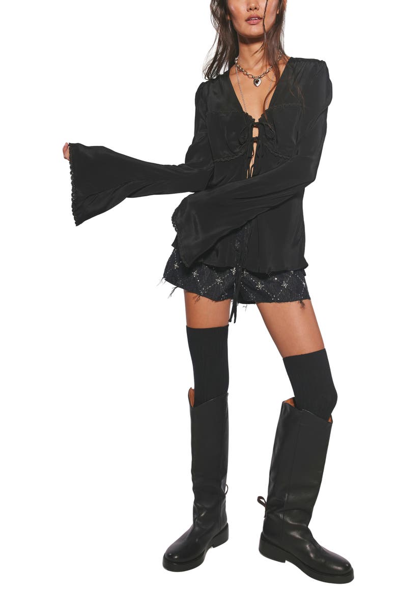 Bali Bell Sleeve Tie Front Top, Alternate, color, BLACK